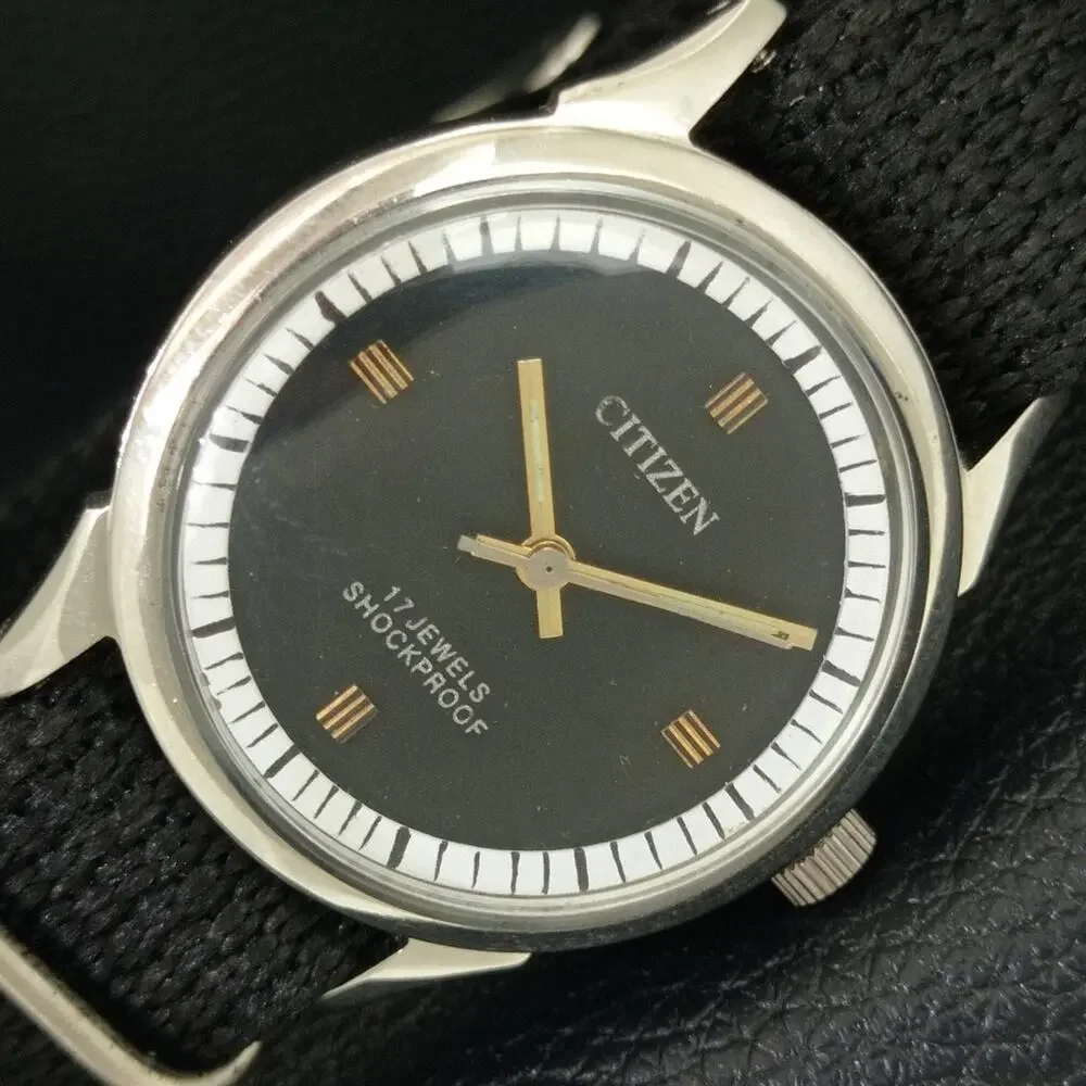 Vintage 1972 Citizen Manual Wound Mens Silver Watch & Black accents